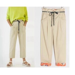Anthropology Milena baggy Beige Pants with Floral Cuffs